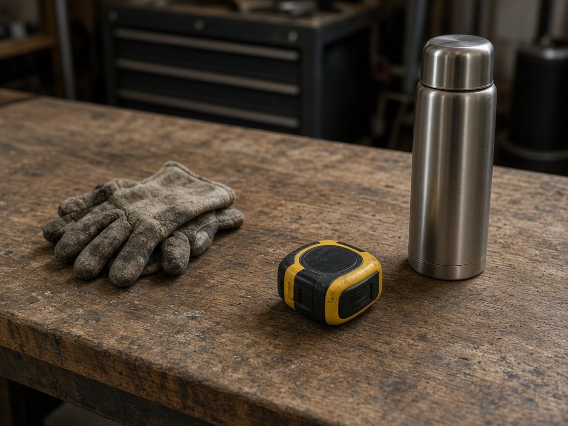 Work gloves, a tape measure face-down, and a plain thermos on a workbench.