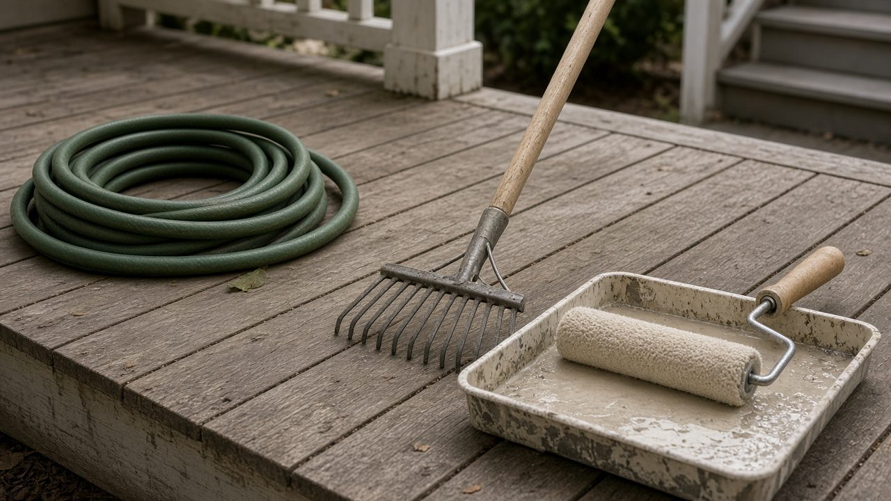 A garden hose, a rake, and a paint roller in a tray, set apart on a porch.
