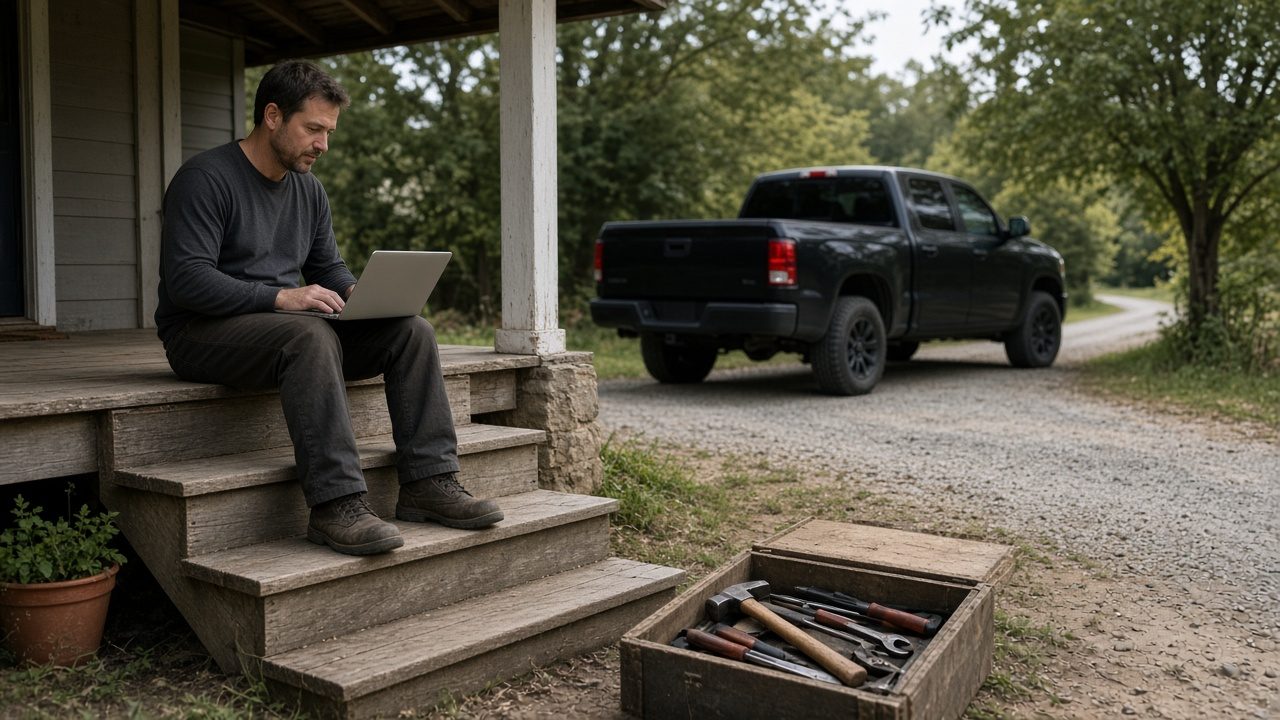 An owner on porch steps with a closed laptop and a plain pickup with no decals.