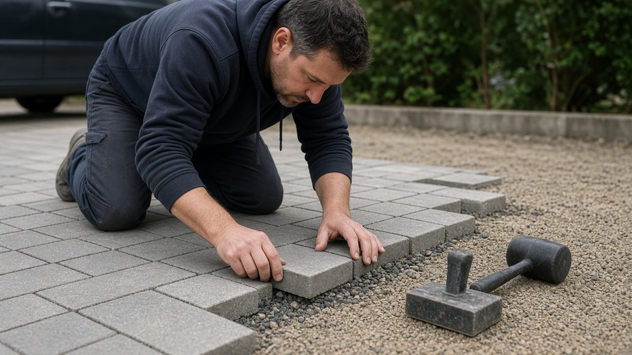 A worker in plain clothes kneeling to reset a loose paver, tool brands turned away.