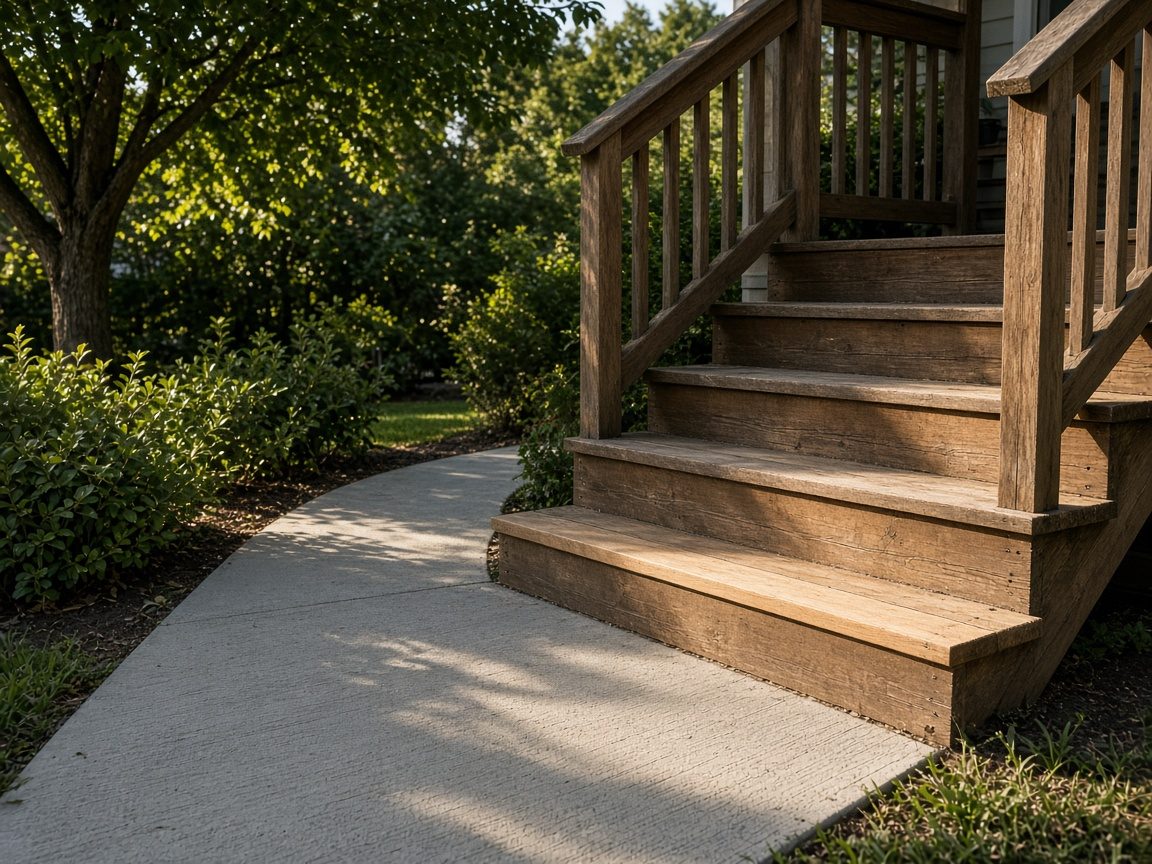 A swept front walk and a wooden stair with one new board in late day sun.
