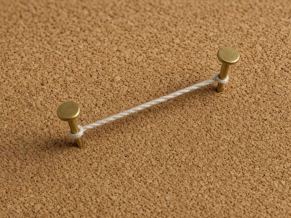 Two brass pins are joined by one cotton string on cork.