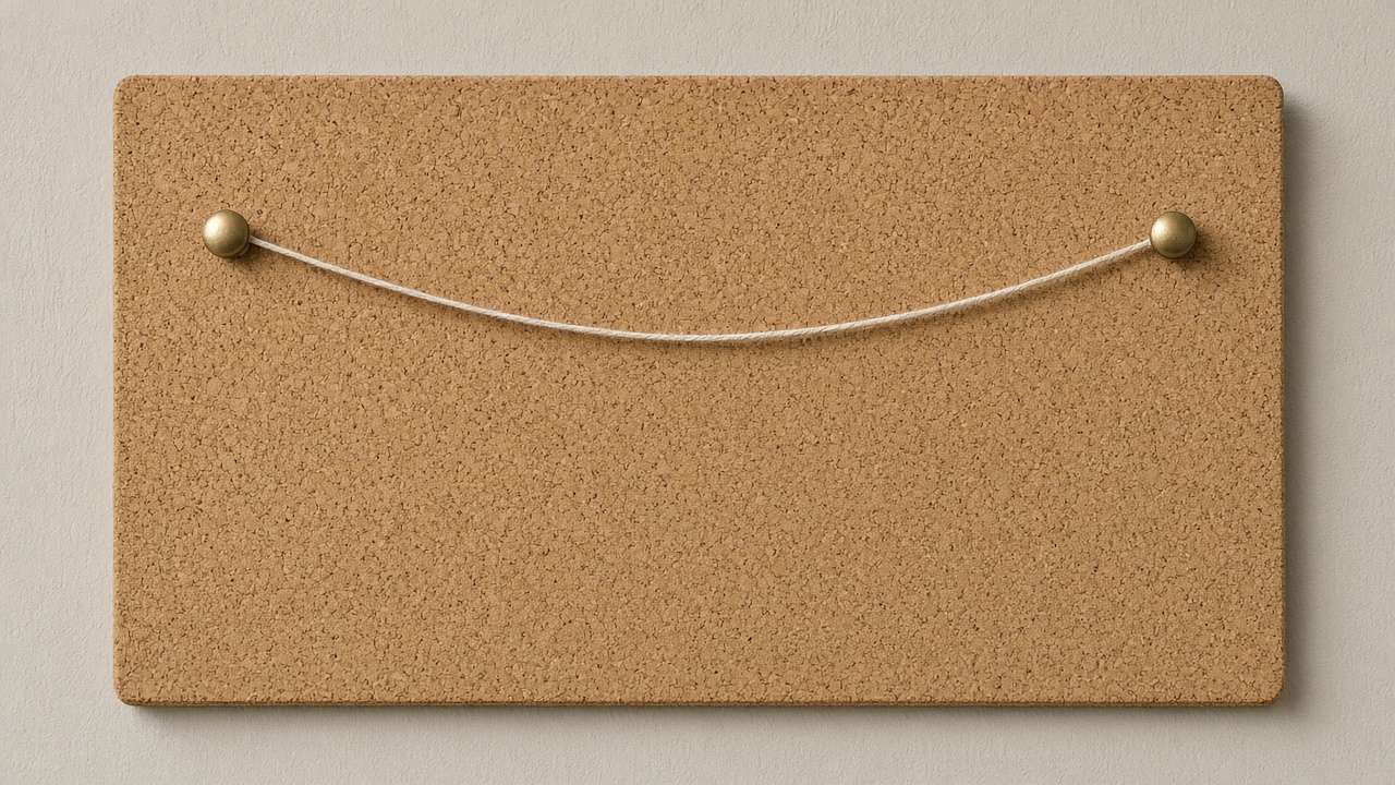 Plain cotton string runs between unmarked brass pins on a blank cork board.