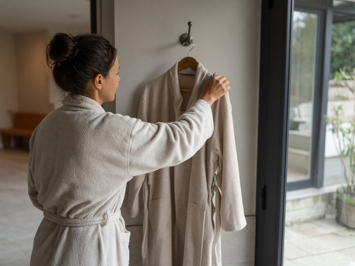 A person hanging a coat on a plain hook inside a spa entrance.
