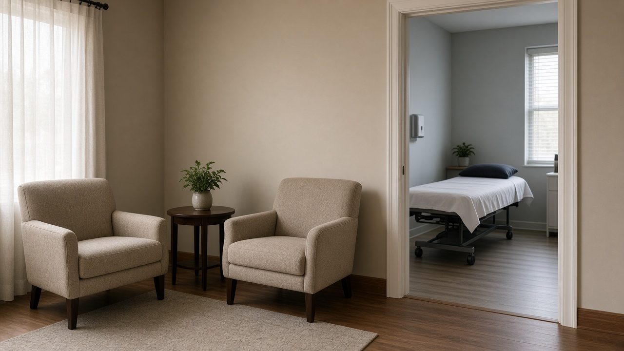 Two armchairs in a consult corner with a treatment bed visible through a doorway.