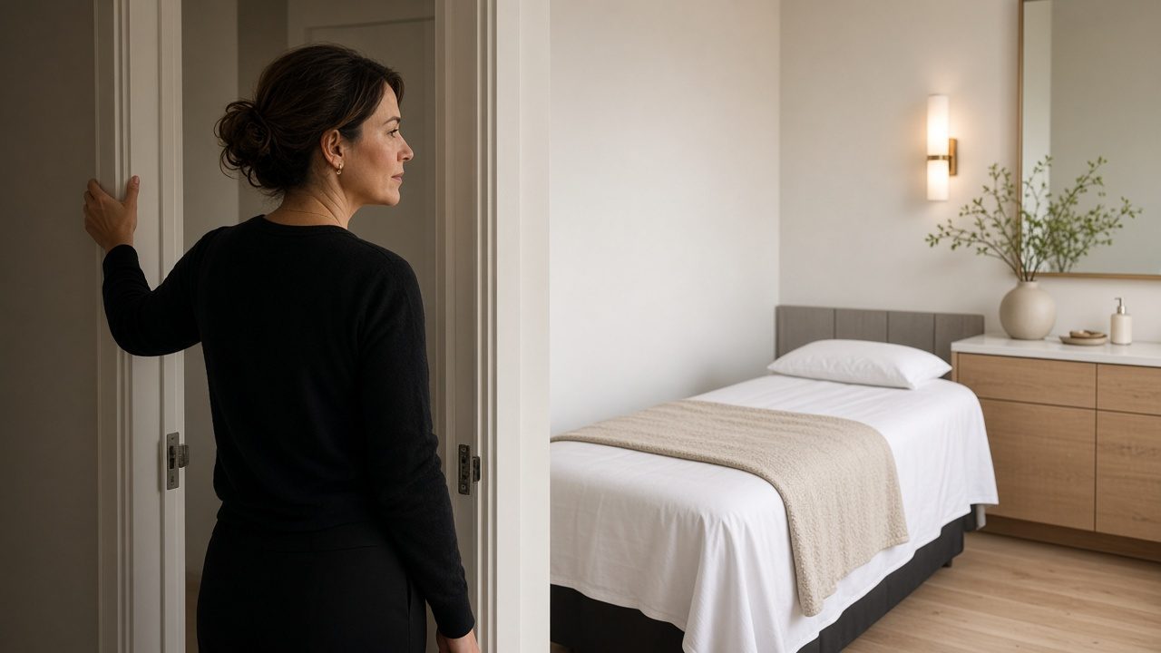 An owner in a treatment-room doorway looking at a made bed.