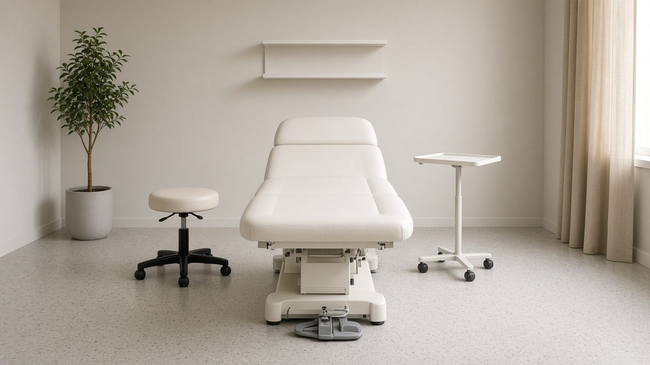 One treatment bed, one stool, and a plain tray in an otherwise empty room.