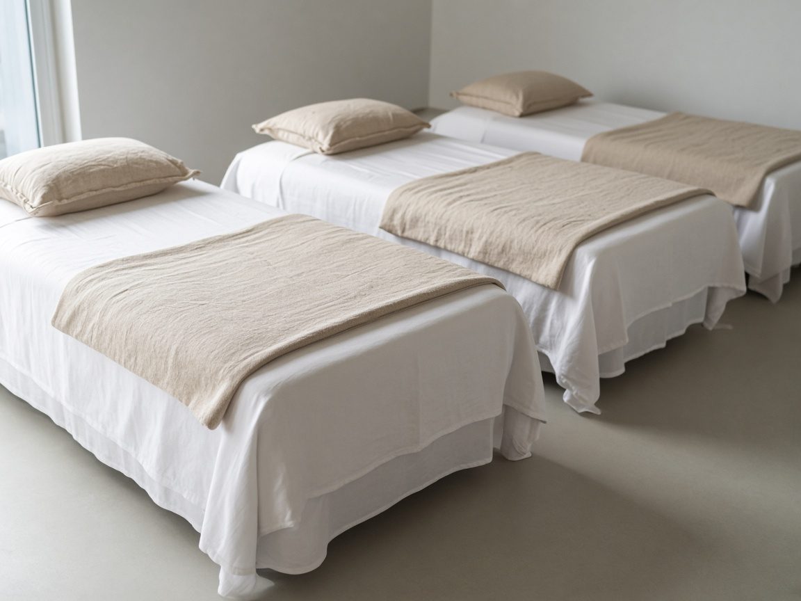 Three identical made treatment beds in a row.