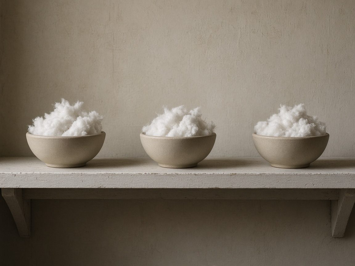 Three plain bowls with cotton, spaced apart on a narrow shelf.