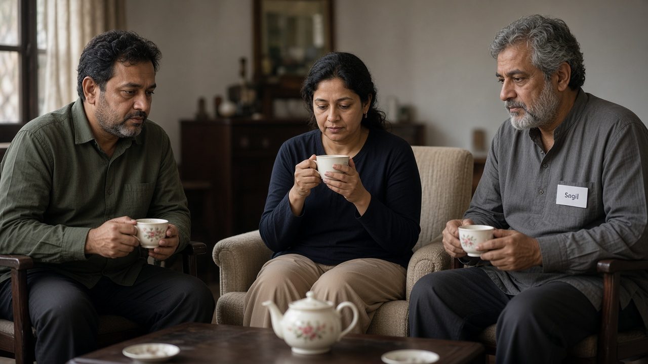 Two family members and a director sitting with teacups in a quiet room.