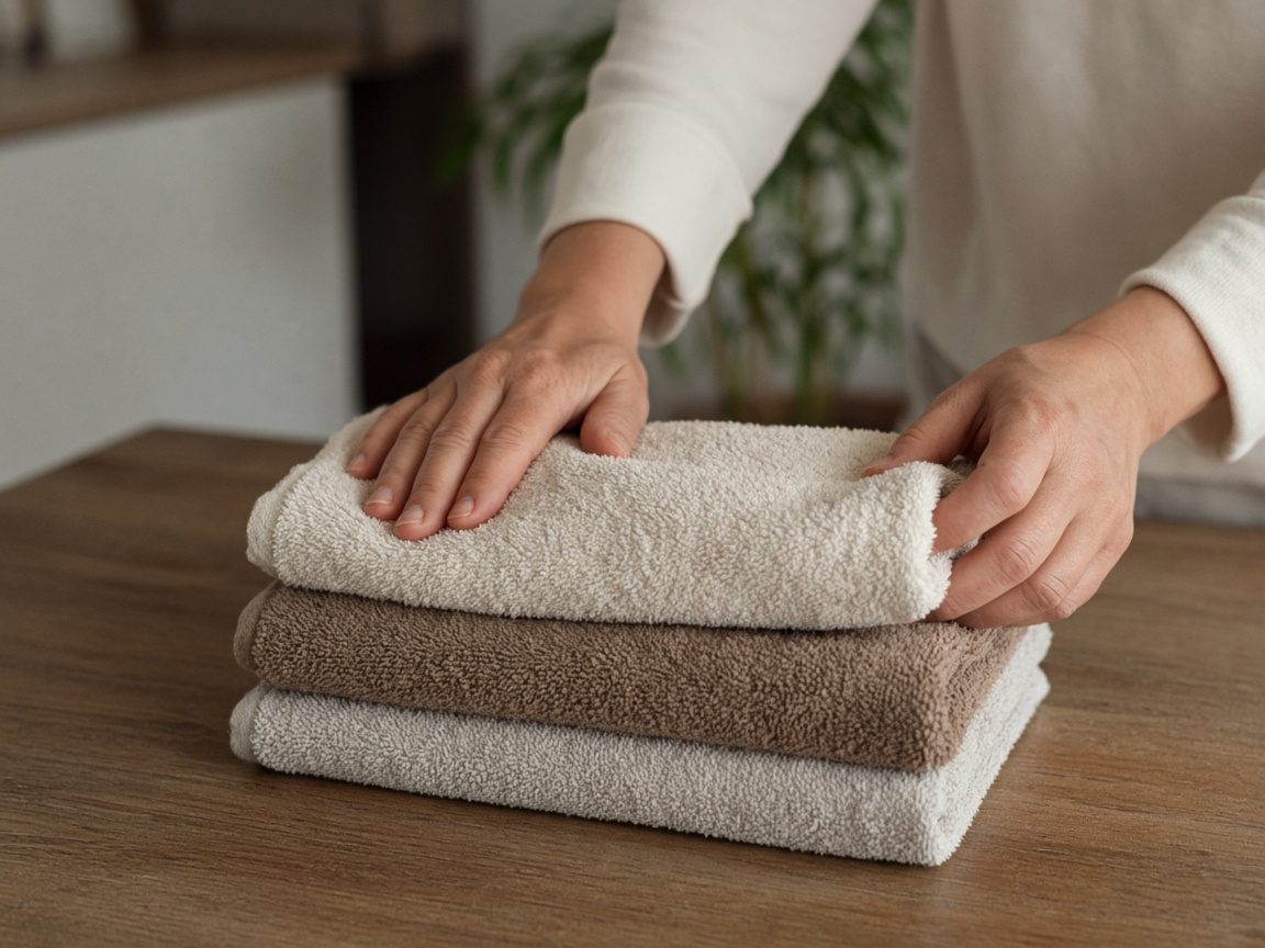 Hands folding plain towels on a table.