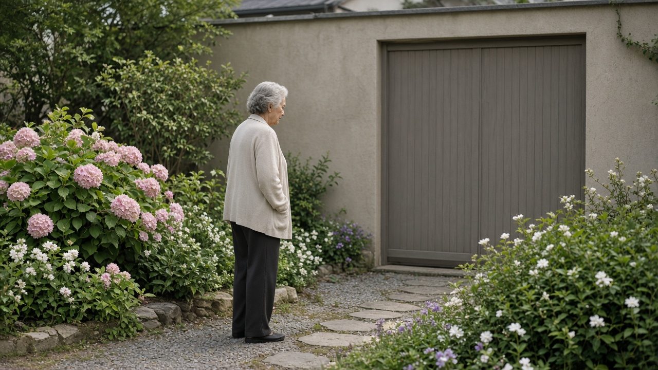 An older resident among flowers in a courtyard, a plain unsigned gate behind.