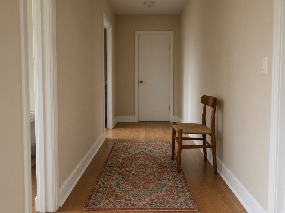A short hallway with a domestic rug and one chair.