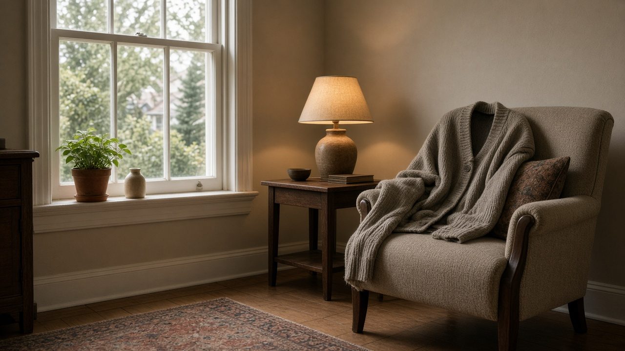 A small living room with a lamp, a chair, and a cardigan, with no clinical equipment.