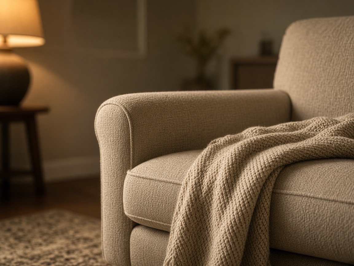 Close view of a beige armchair arm and a knitted throw, with a lamp glowing in the background.