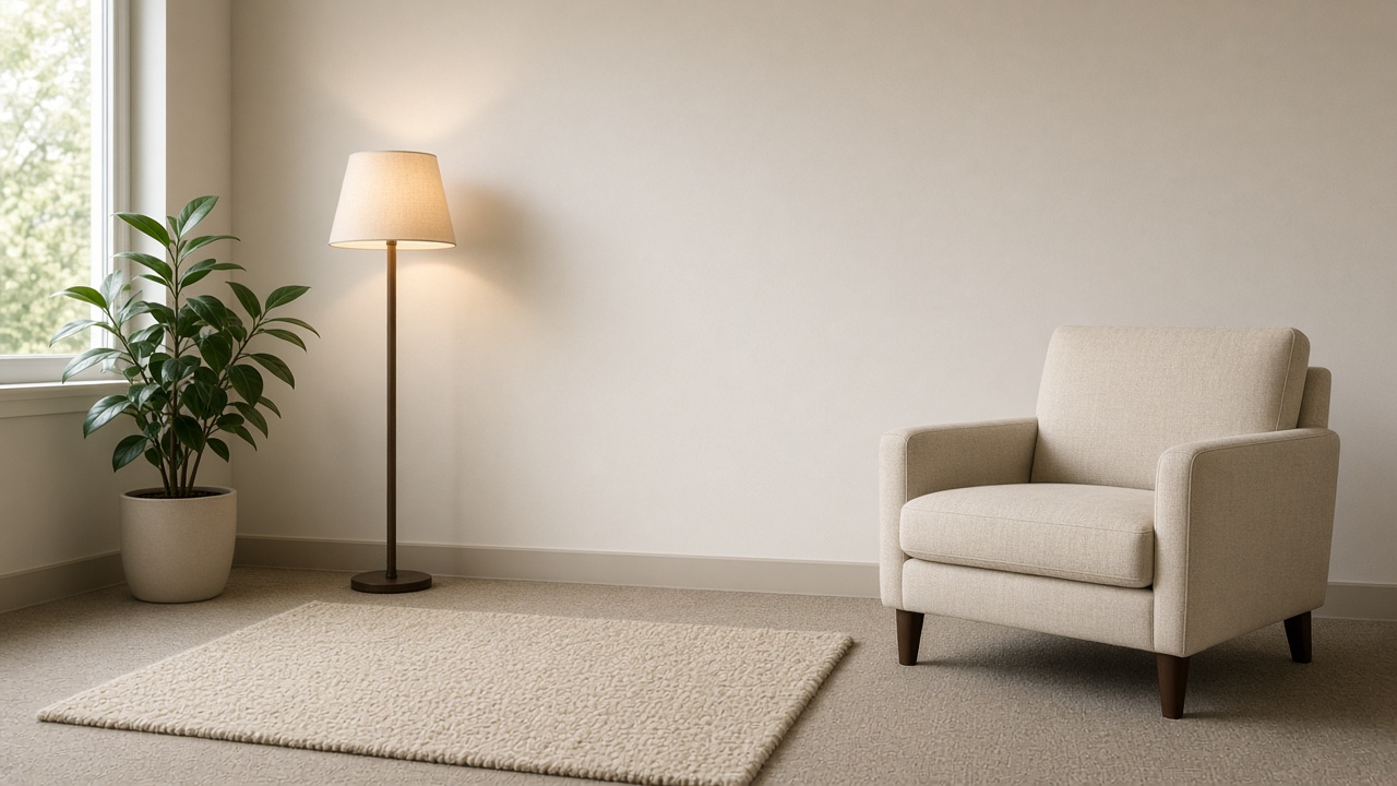 A beige armchair sits on a rug beside a lit floor lamp and a potted plant in a quiet counseling room.