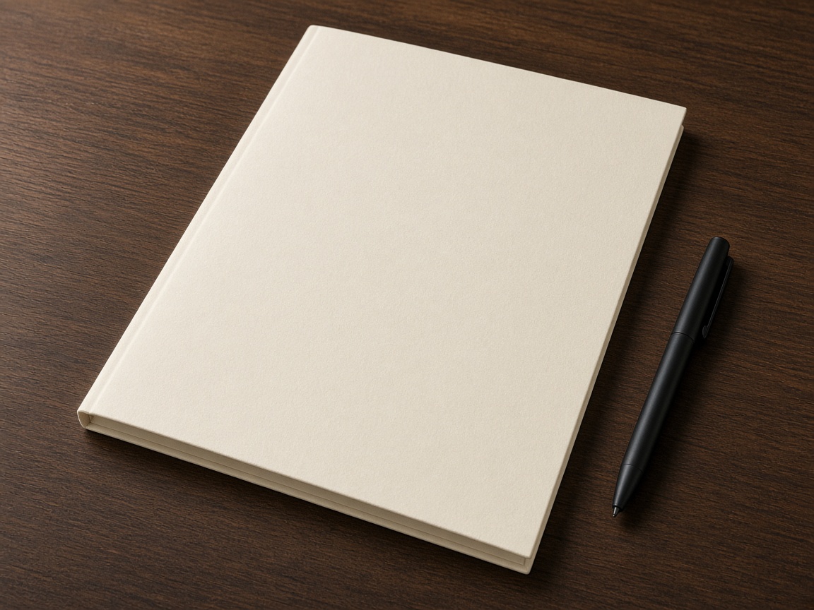 A closed cream folder with a blank cover and a black pen sit on a walnut desk.