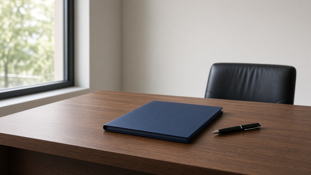 A closed navy folder and a black pen rest on a wood desk beside an empty leather chair.