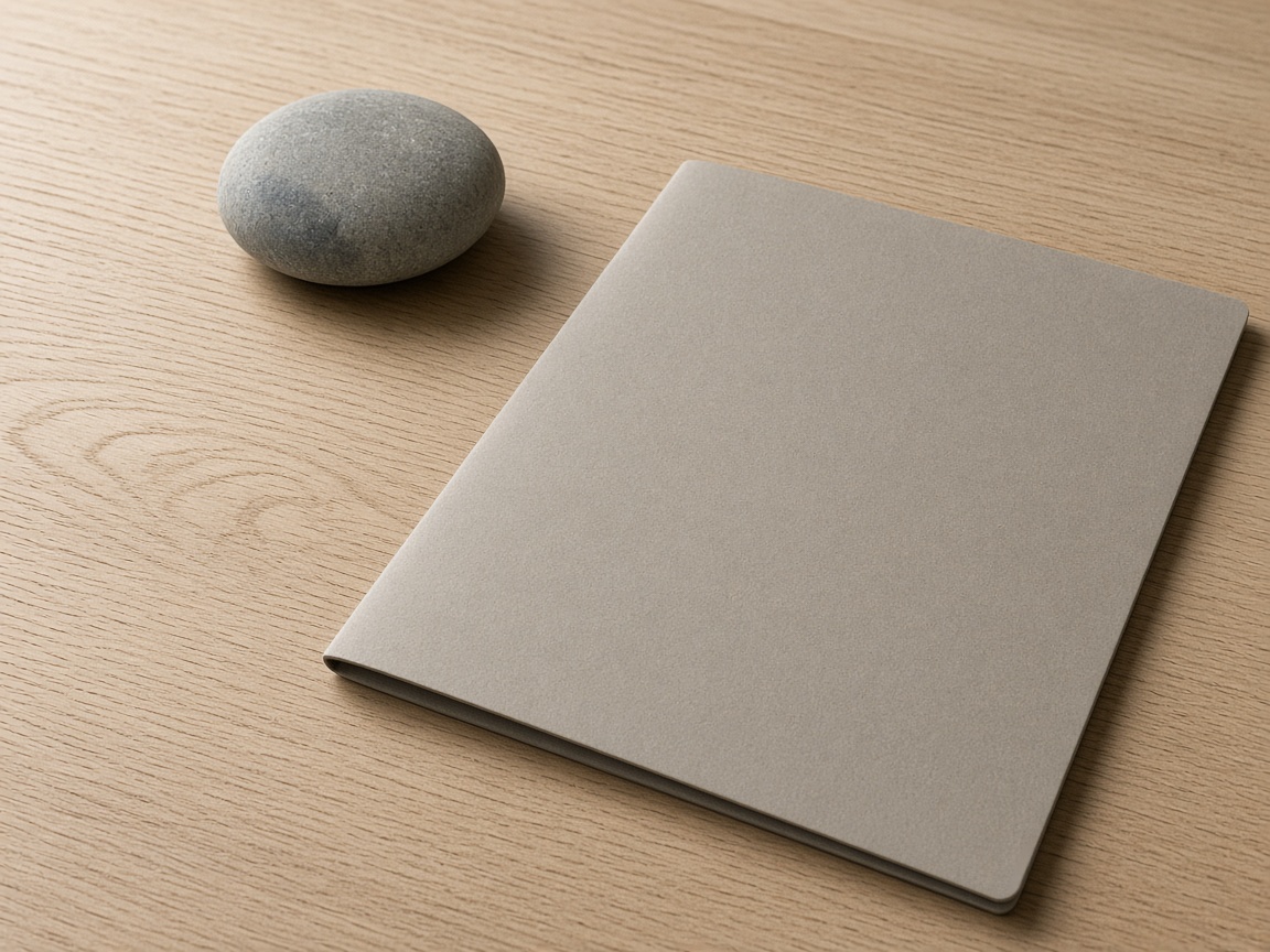 A closed taupe folder and a gray river stone rest on a light wood desk.
