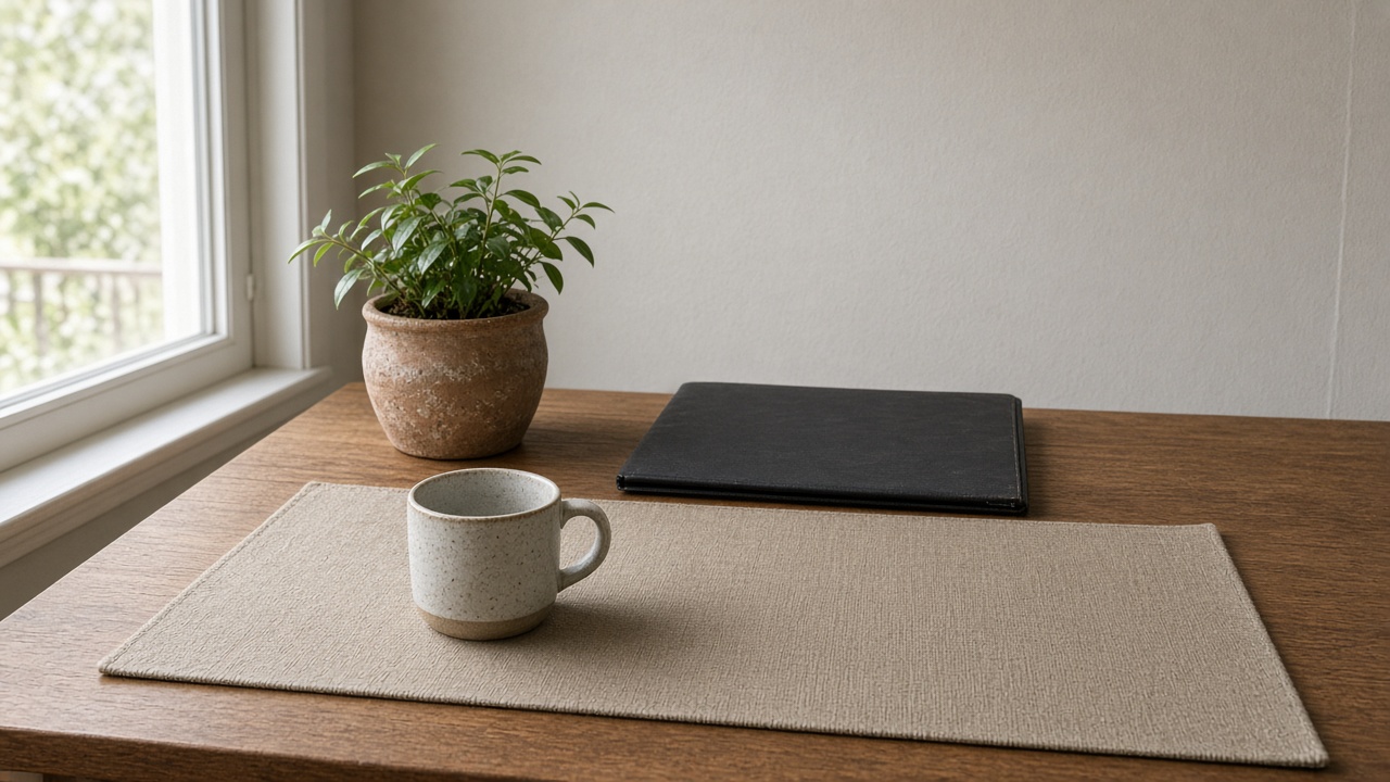 A closed black folder, a speckled mug, and a potted plant rest on a desk by a window.