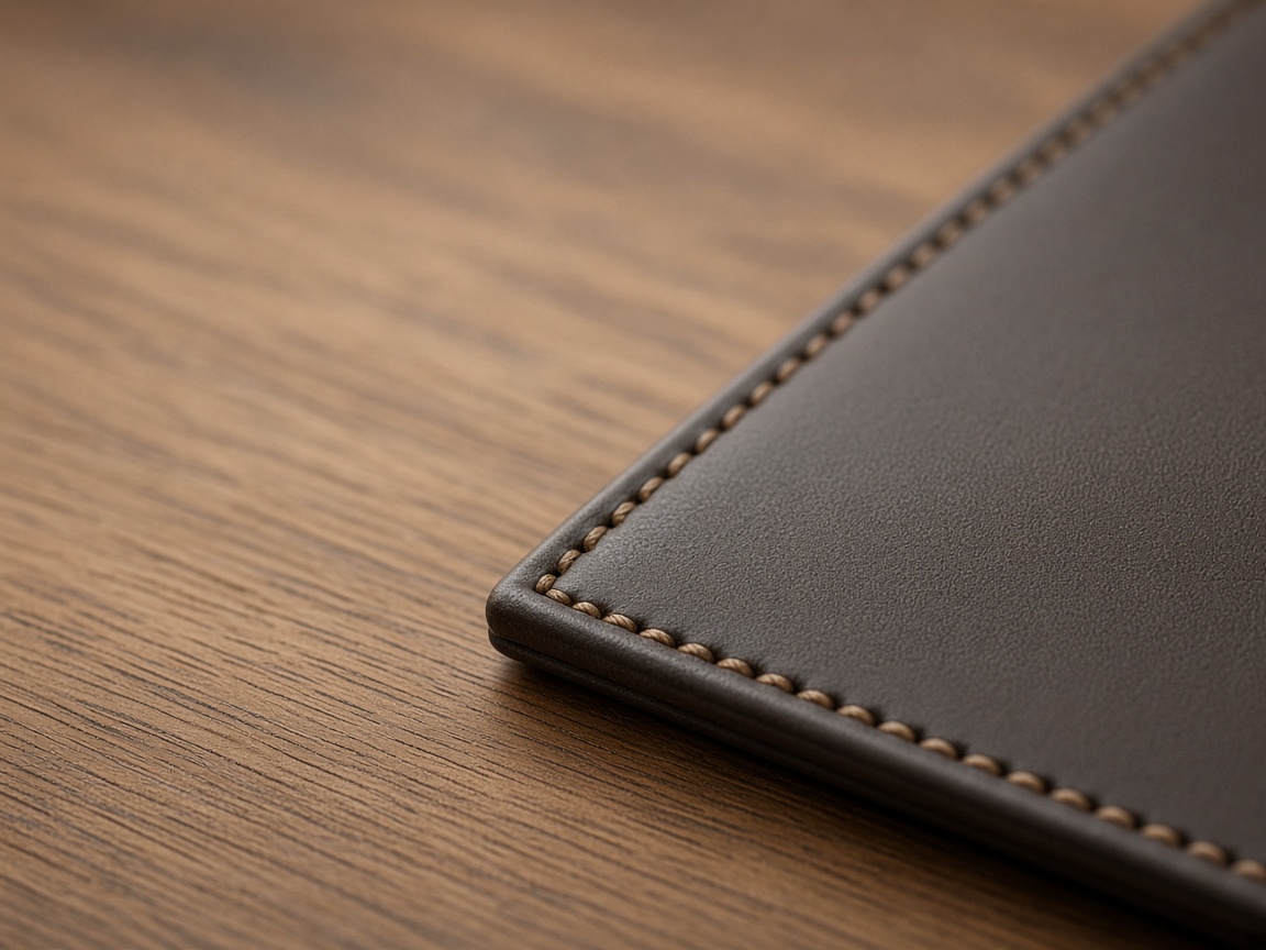 A close view of the stitched corner of a closed dark leather folder on oak.