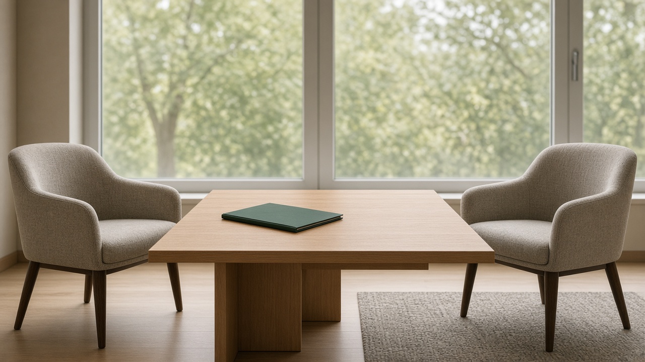 Two beige chairs sit across a light wood table holding a closed dark green folder by a window.
