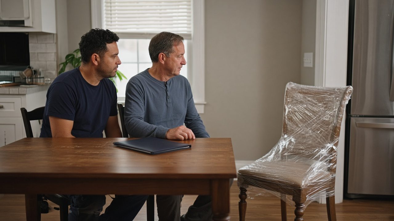 Two people at a kitchen table with a closed folder, a wrapped chair in the corner.