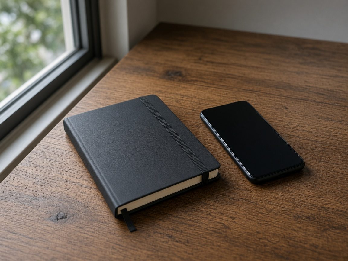 A closed notebook and a phone with a black screen on a wooden table.