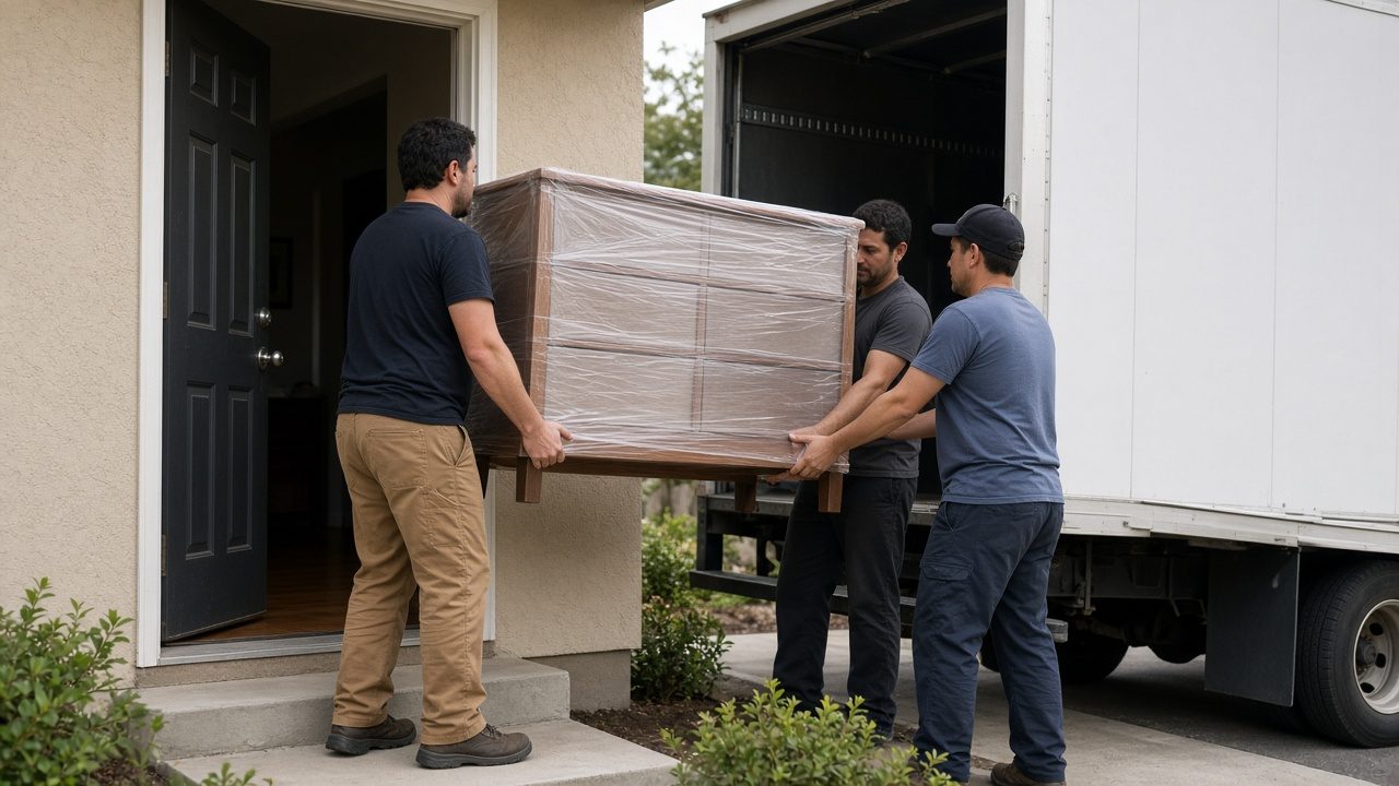 Two movers in plain shirts carrying a wrapped dresser through a front door.