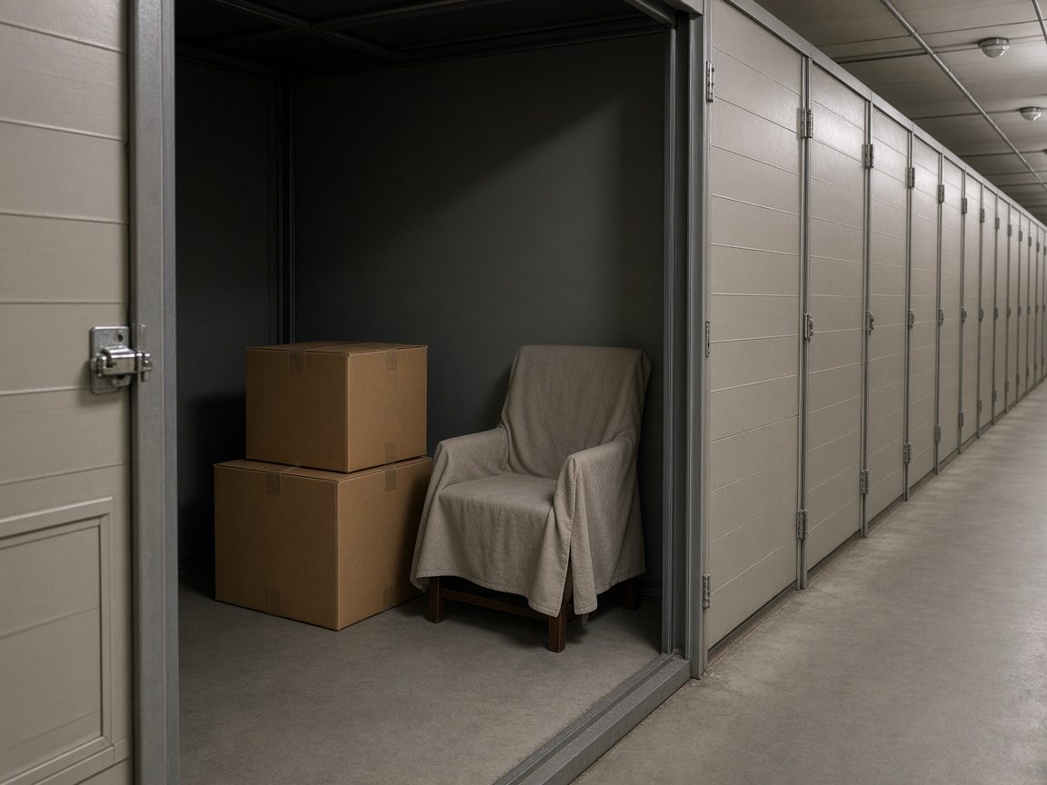 An open storage unit with plain boxes and a covered chair, doors without numbers.