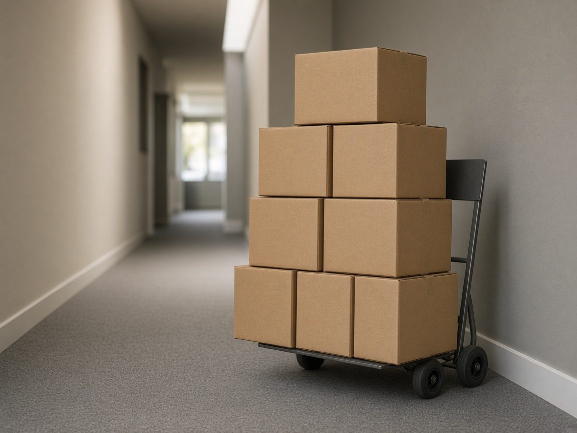 Unlabeled brown boxes and a dolly in a hallway.