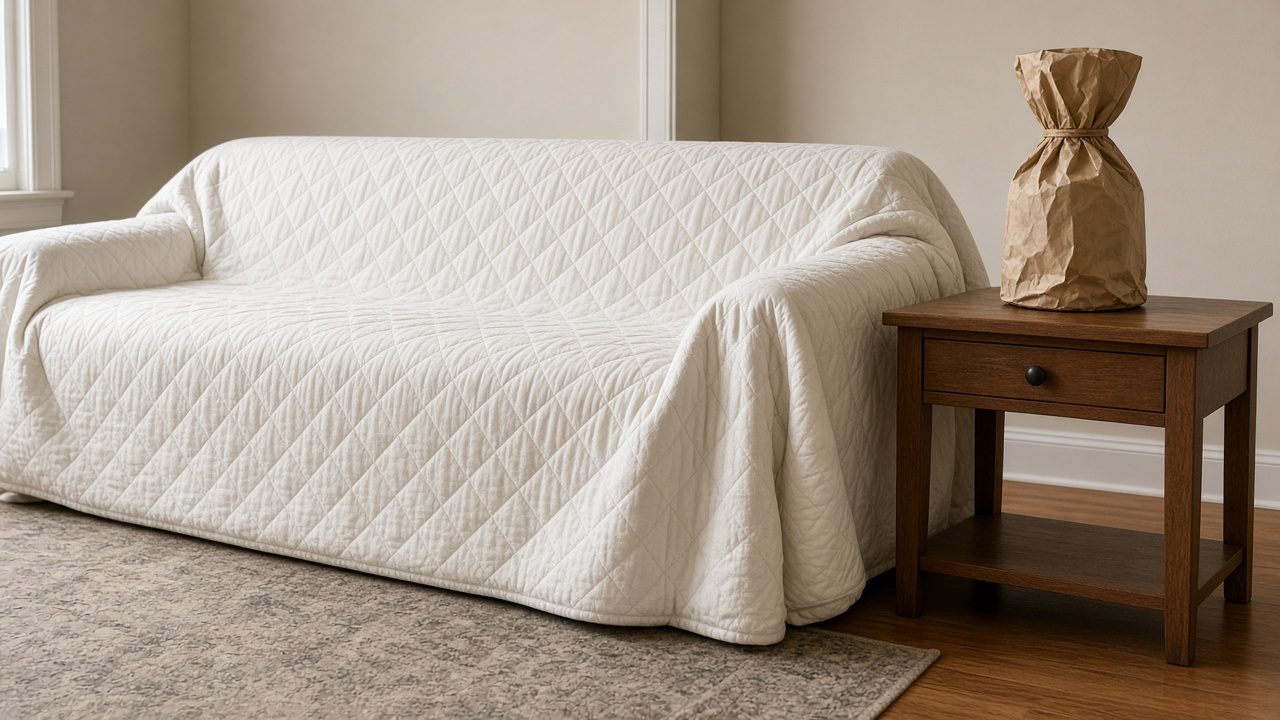 A sofa in a plain quilted pad and a lamp wrapped in unmarked paper.