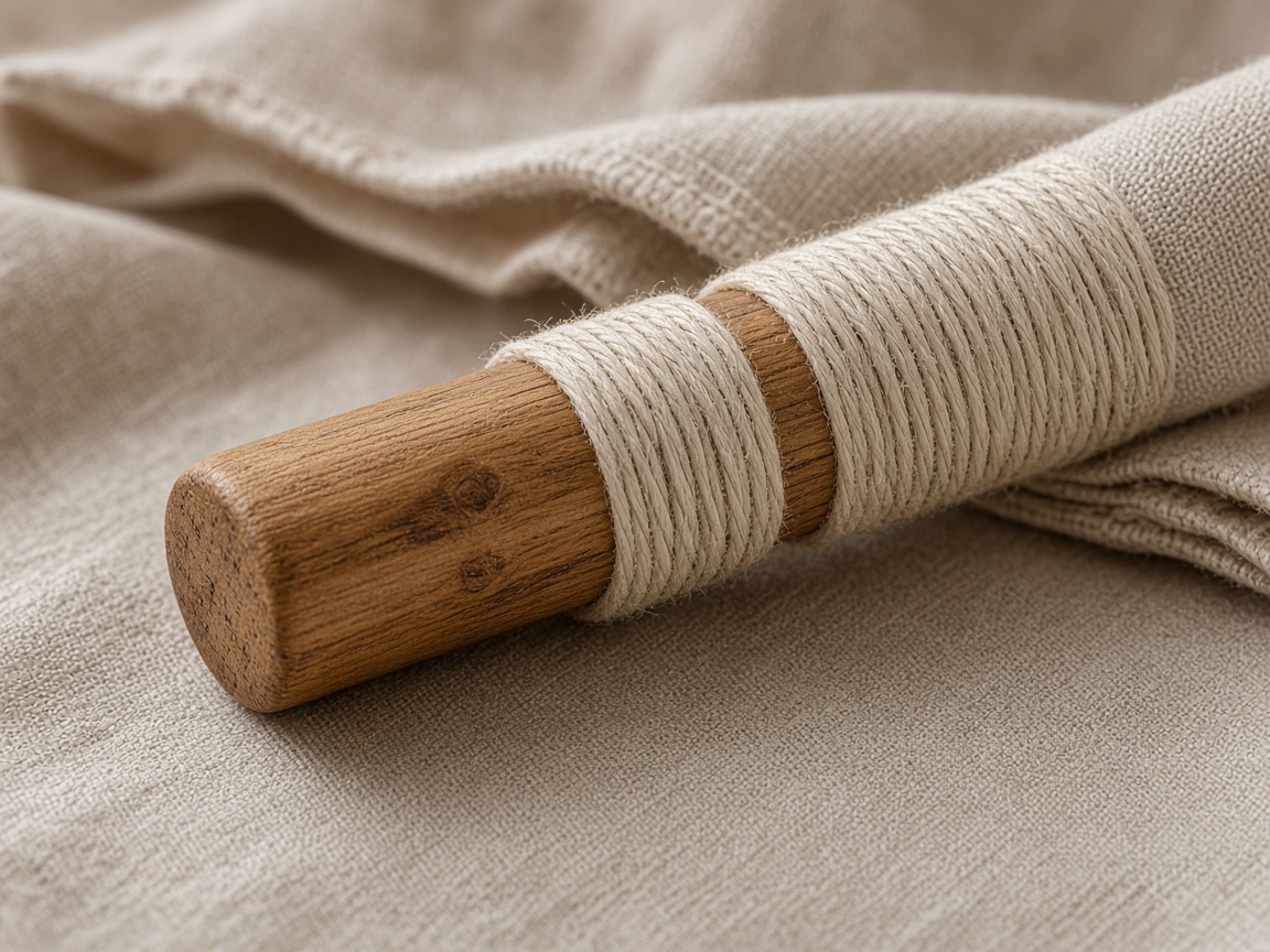 A cloth cord is wrapped neatly around a plain wooden toggle.