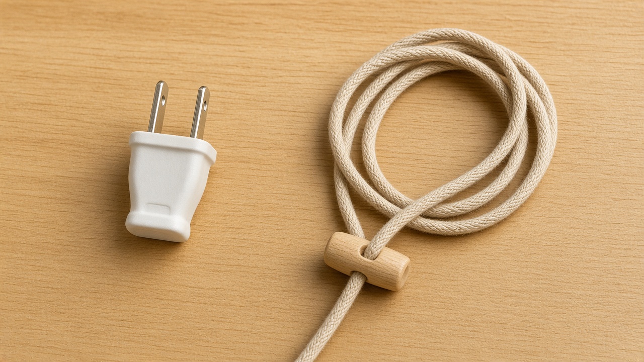 A plain plug lies beside a hand-wound cord with a wooden toggle.