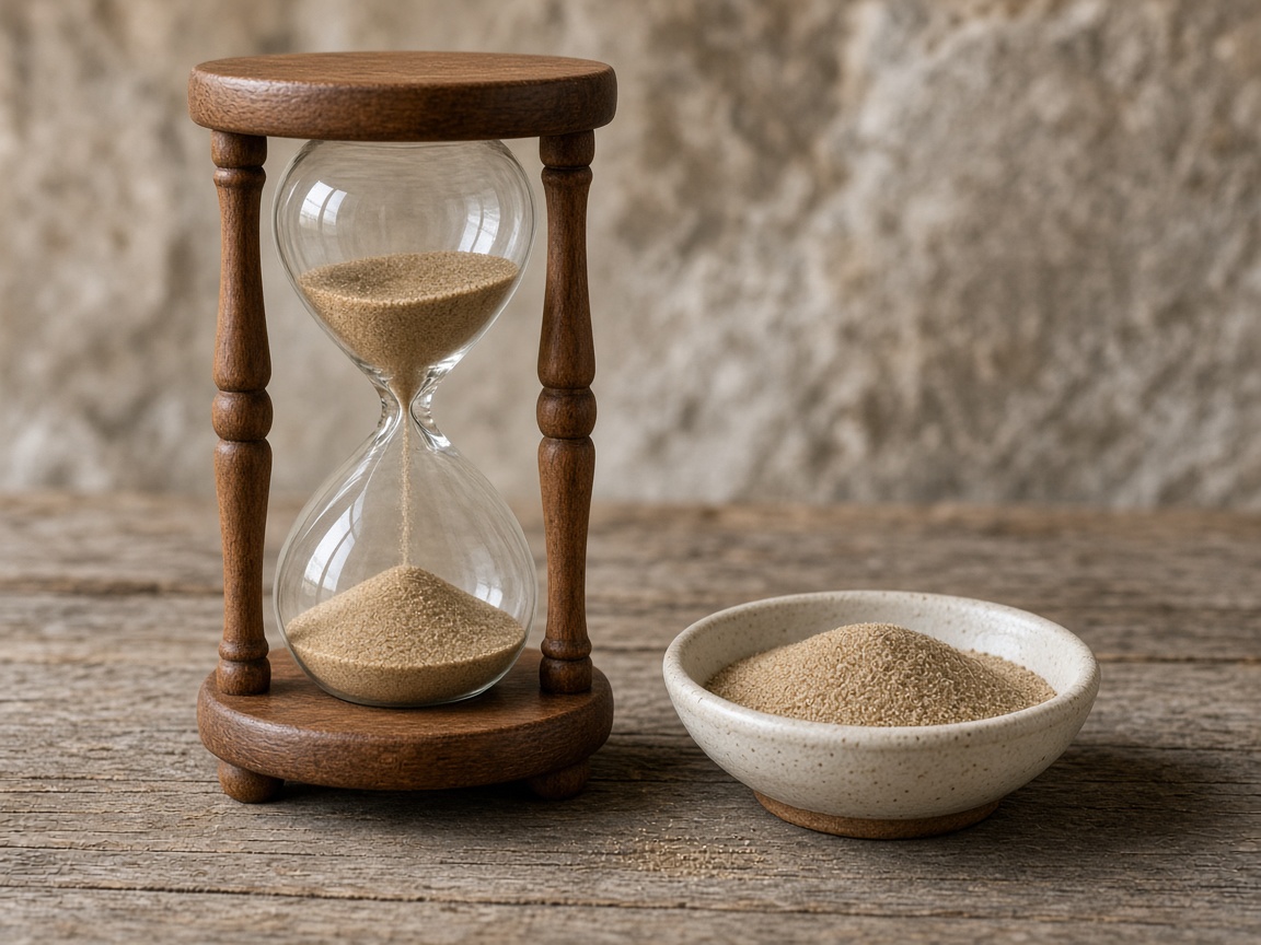 An unmarked hourglass with sand partly fallen stands beside a small dish of sand.