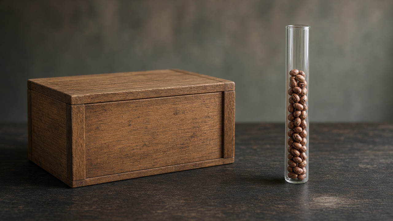 A closed wooden crate sits beside a glass tube holding a thin line of beans.