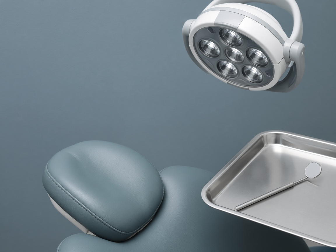 A close view of a blue-gray treatment chair, a round dental light, and an unmarked metal mouth mirror on an empty tray.