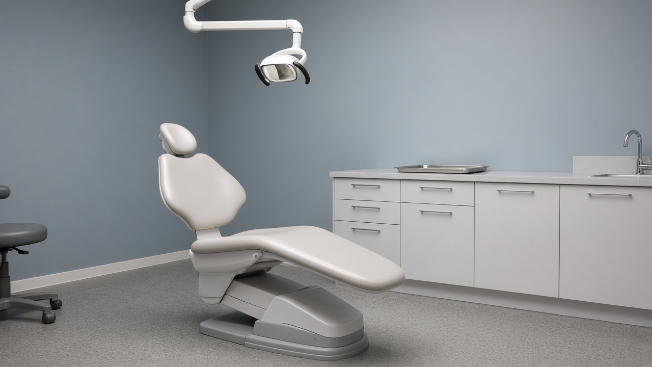 An empty orthodontic treatment room with a light gray chair, a ceiling-mounted operating light, and white cabinets on a blue-gray wall.