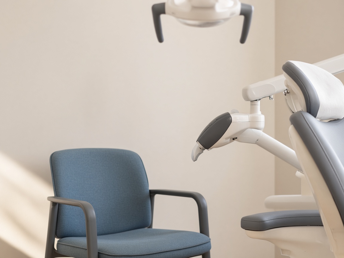 A close view of a blue visitor chair next to the arm and headrest of a gray treatment chair, with a dental light overhead.