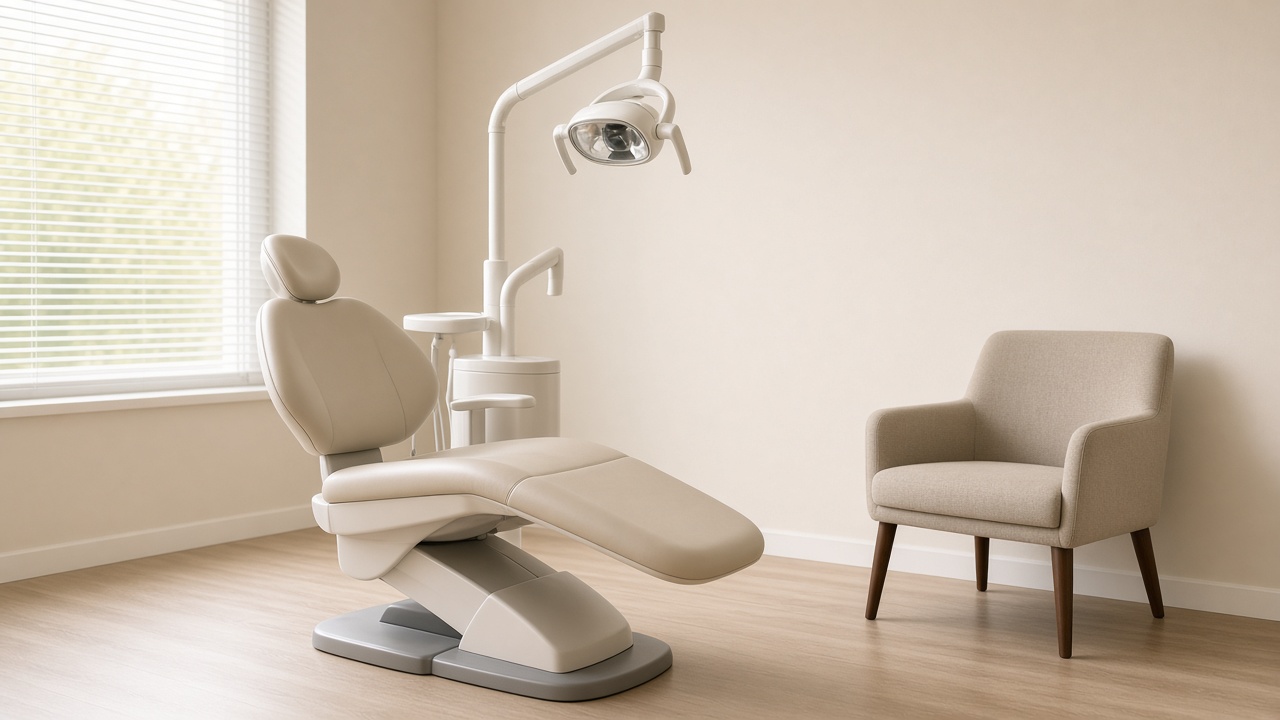 An empty beige treatment chair and overhead light stand beside one empty upholstered visitor chair near a window with blinds.