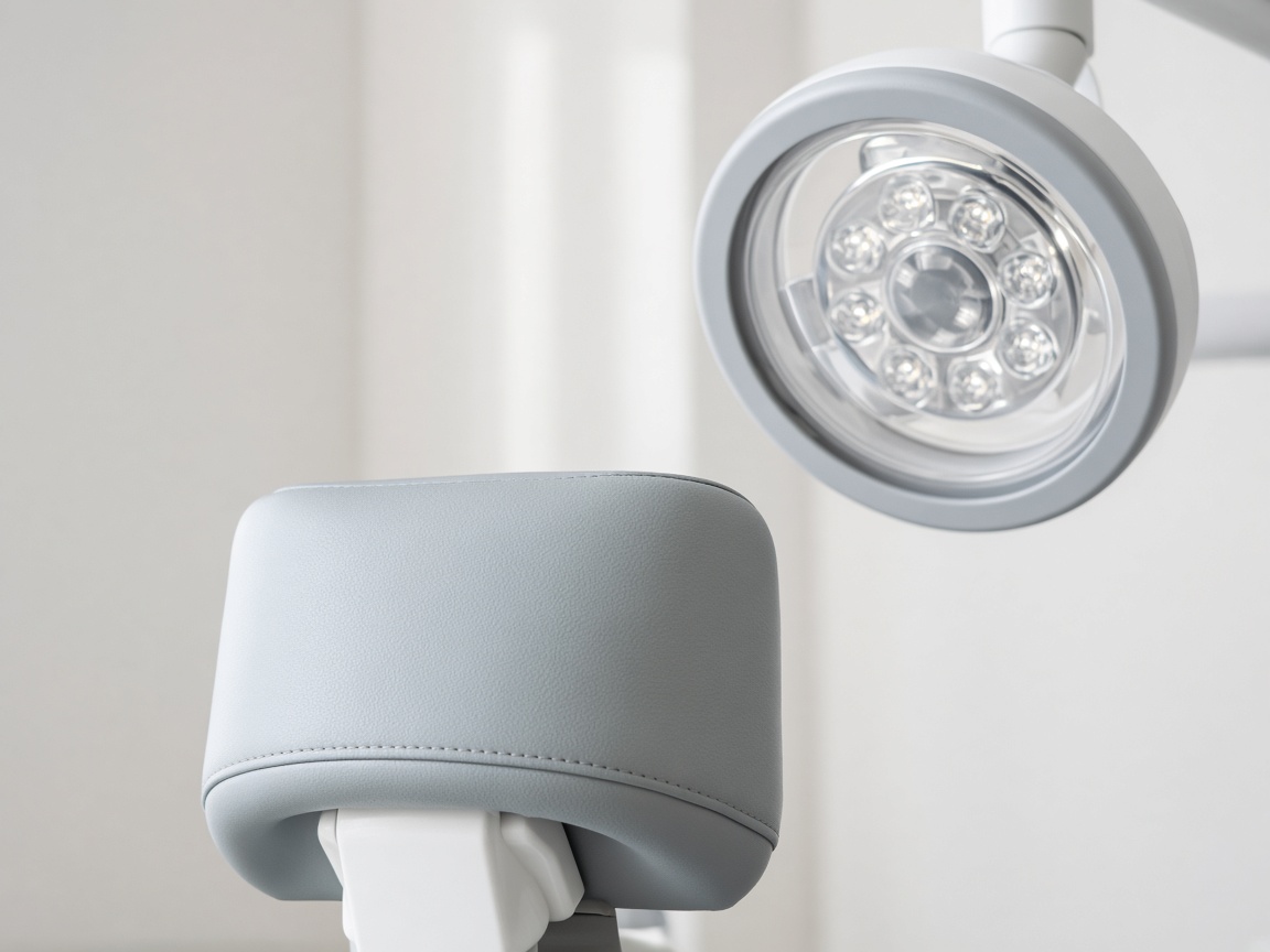 A close view of a light gray treatment-chair headrest beneath a round unbranded dental operating light.