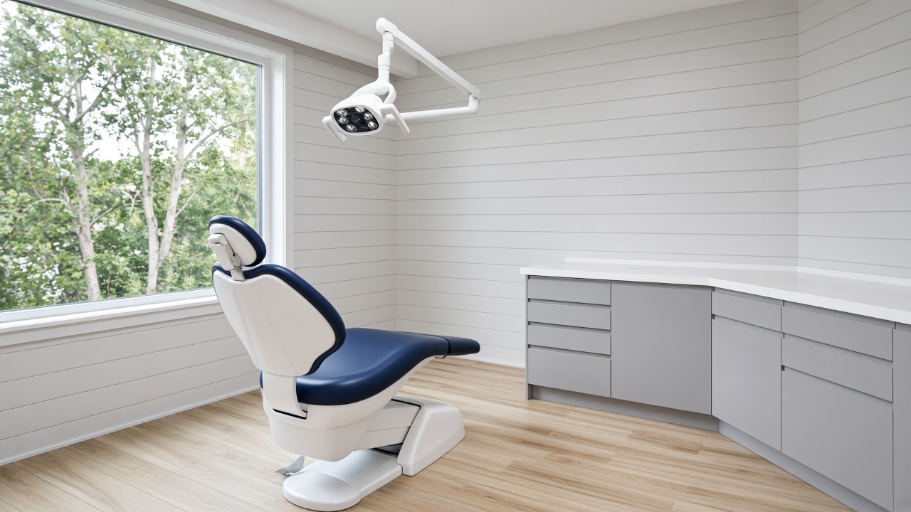 An empty orthodontic room with a navy-and-white treatment chair, a white overhead light, bare gray cabinets, and a large window.