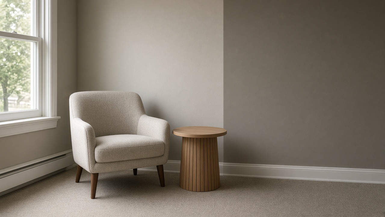 An empty oatmeal armchair next to a small empty round wood table in a carpeted room by a window.