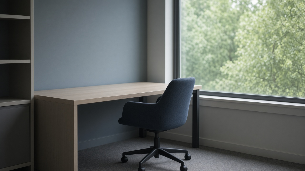 An empty slate-blue chair at a bare light-wood desk beside a large window filled with green trees.
