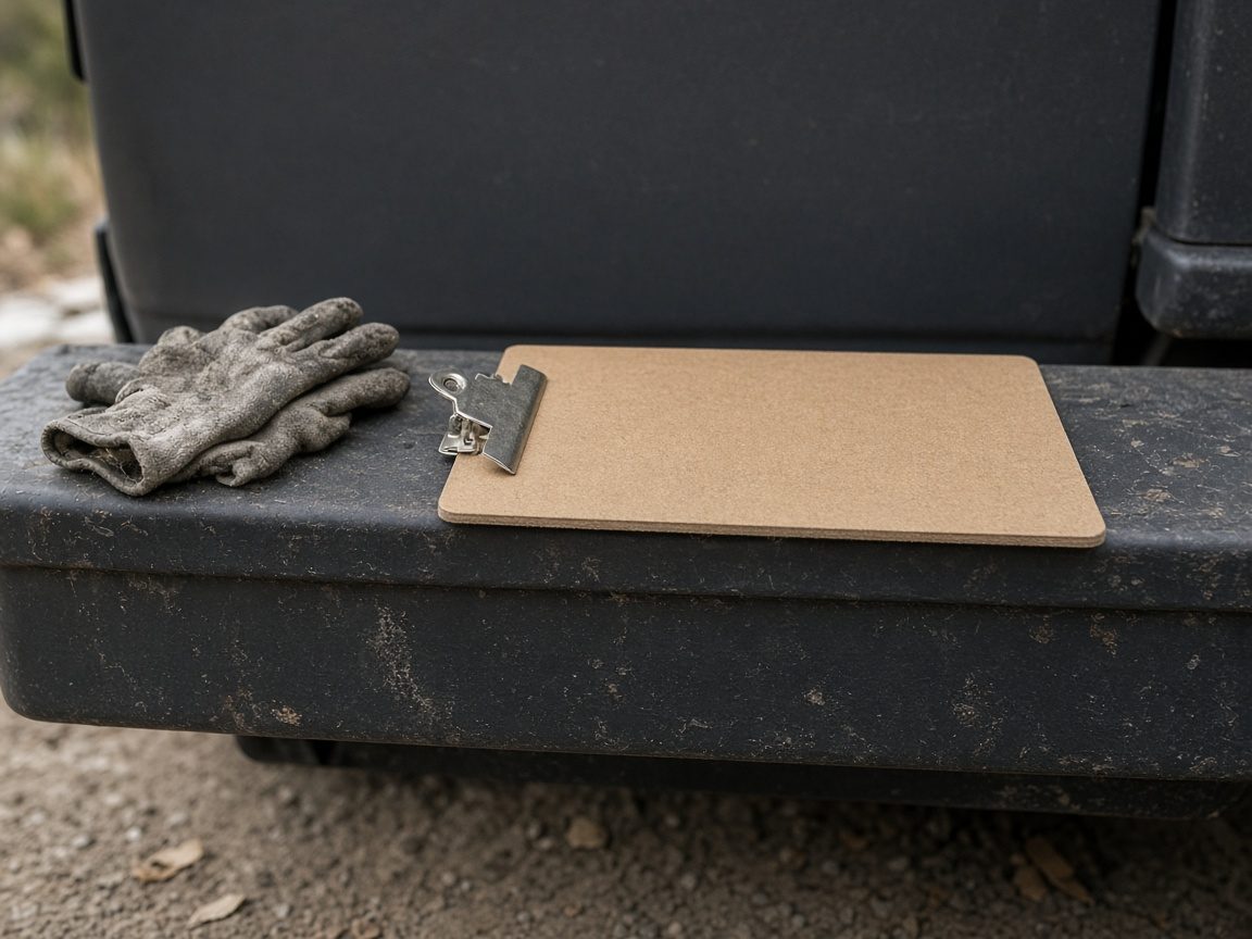 A clipboard lying face-down on an unmarked bumper, with gloves beside it.