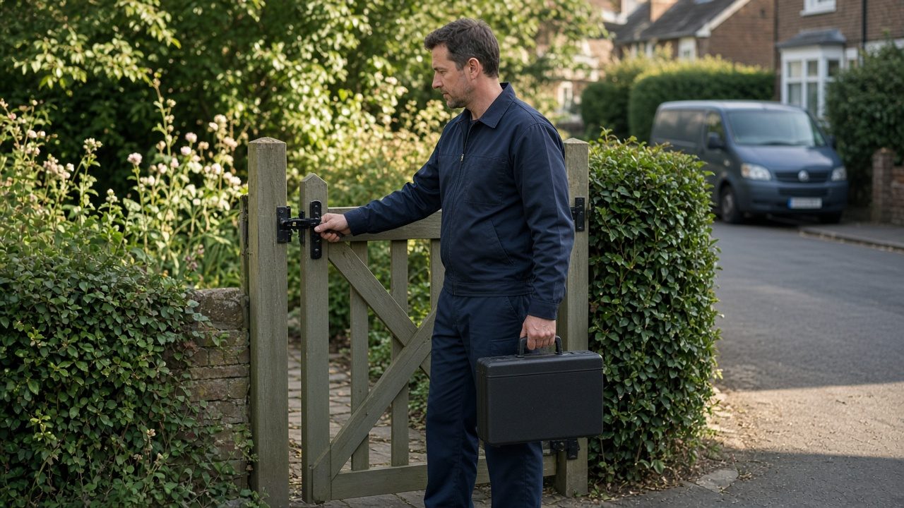 A technician in a plain uniform closing a garden gate, carrying a small unlabeled case.