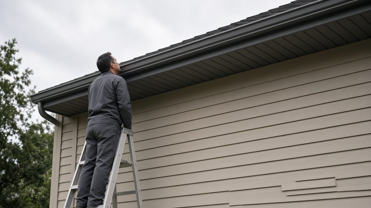 A technician on an unmarked ladder looking along a house eave.