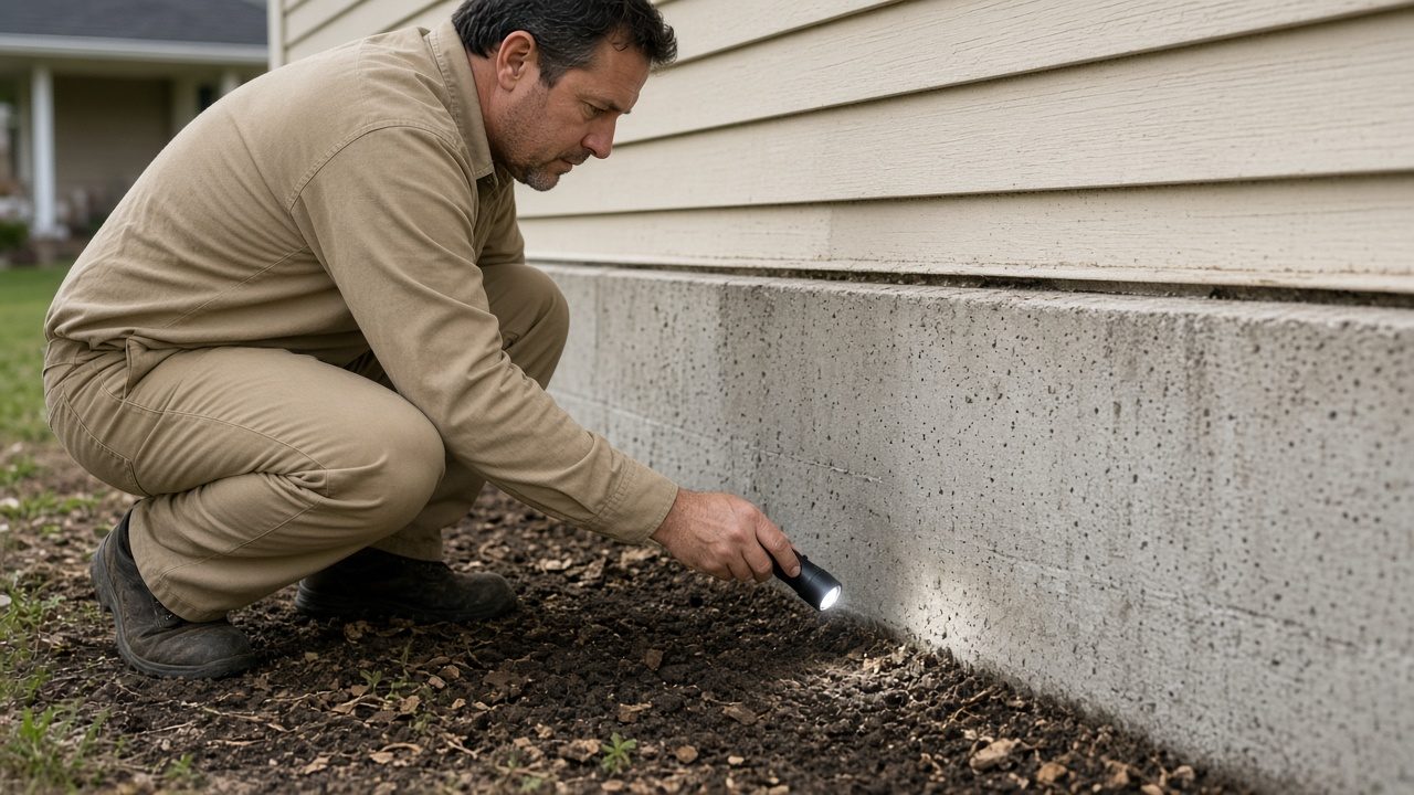 A technician in a plain uniform kneeling to inspect the soil along a house foundation.