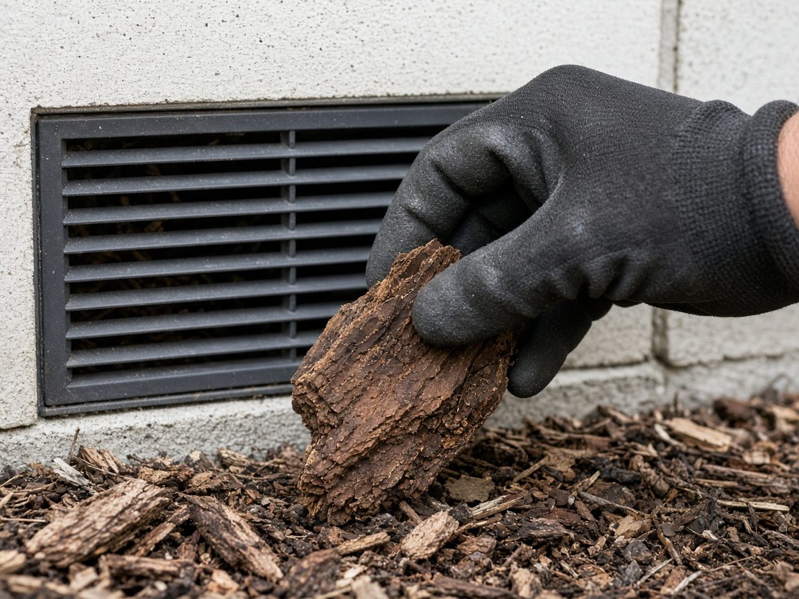 A gloved hand lifting mulch beside a foundation vent.