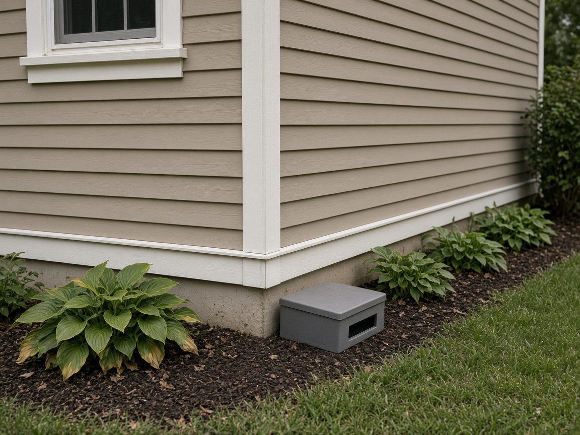 A plain unmarked gray box set against a foundation in the shade.